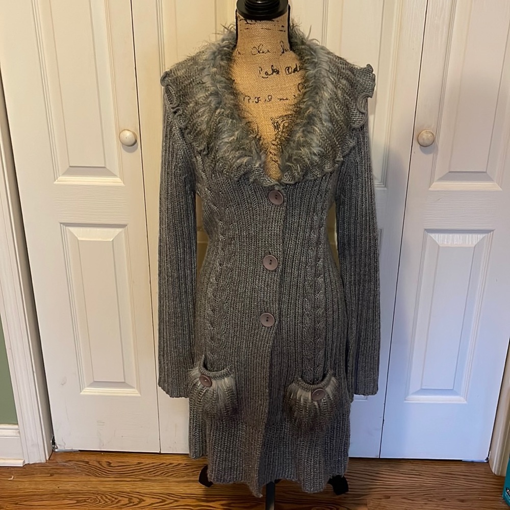 Grey faux fur cardigan size Large sweater.